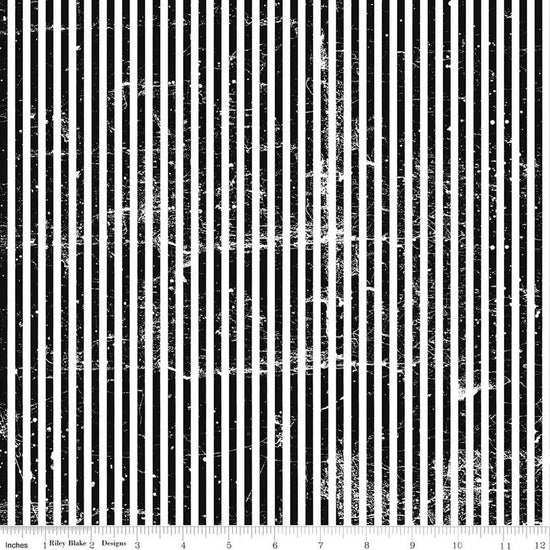 Image of Scary Scraps Stressed Stripes Black quilting cotton fabric by J Wecker Frisch for Riley Blake Designs. Features stripes on a black background. Cute Little Fabric Shop.
