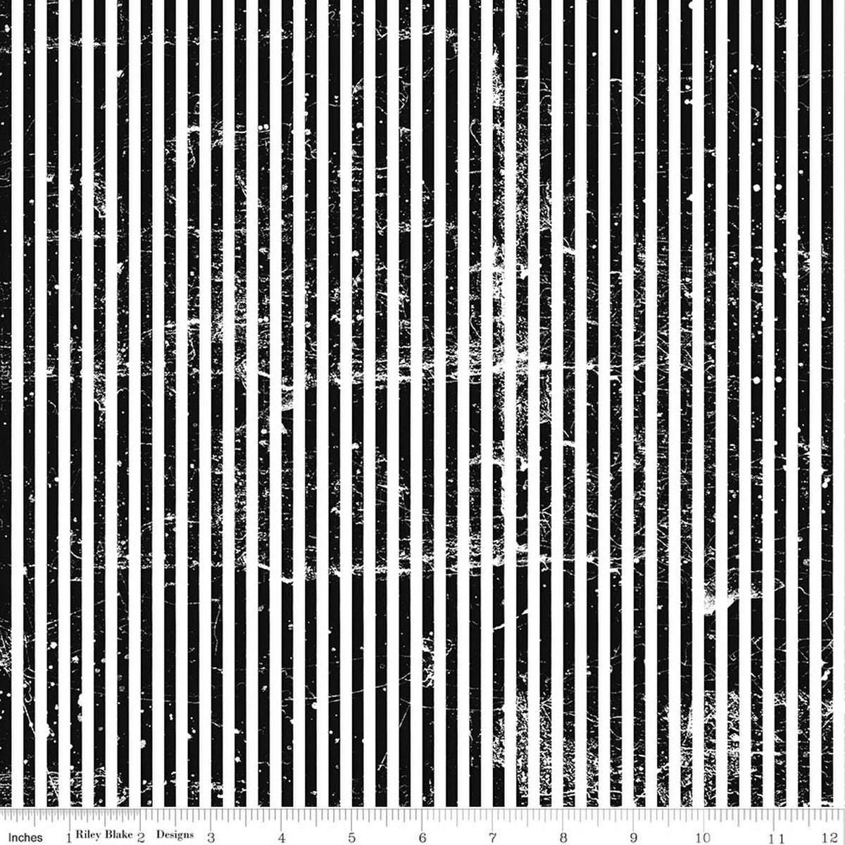 Image of Scary Scraps Stressed Stripes Black quilting cotton fabric by J Wecker Frisch for Riley Blake Designs. Features stripes on a black background. Cute Little Fabric Shop.