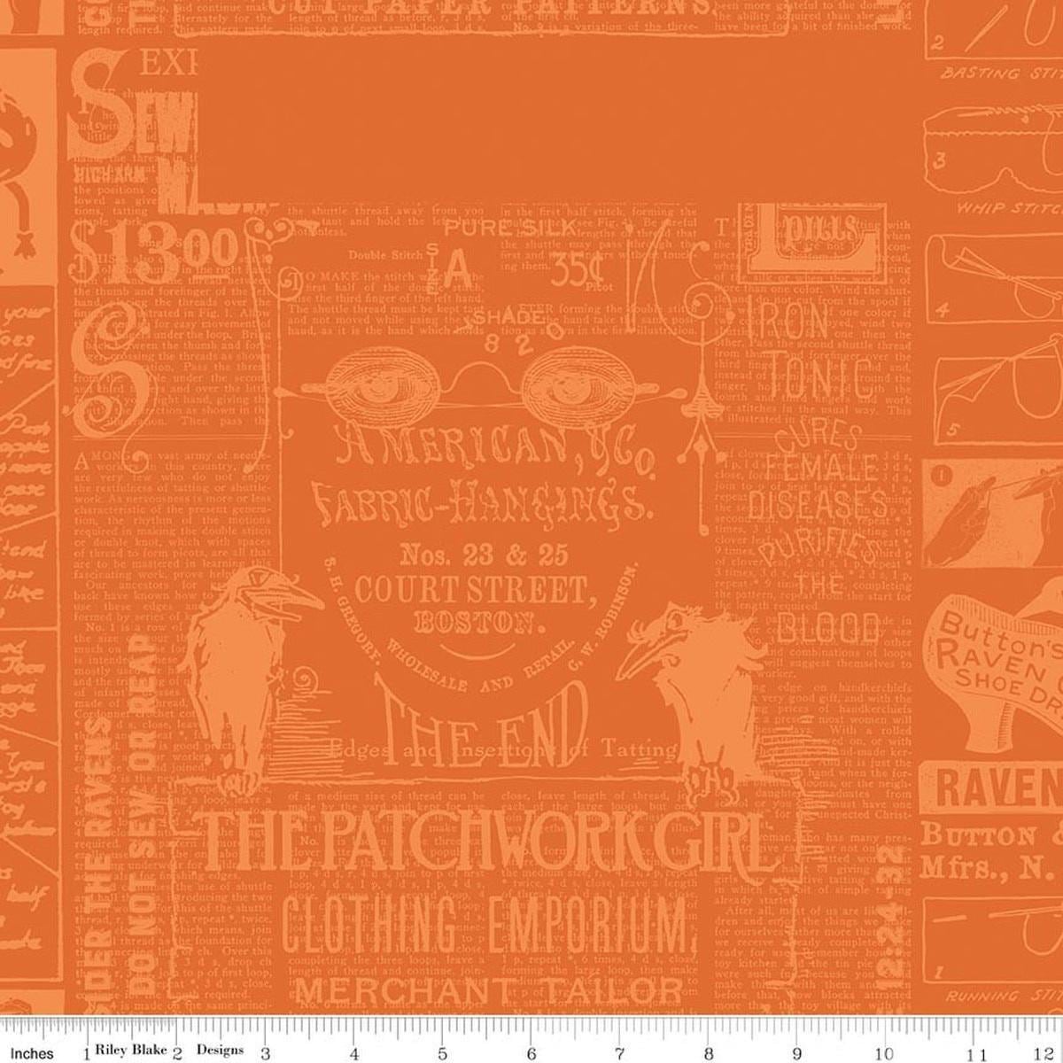 Image of Scary Scraps Halloween Games Text Orange quilting cotton fabric by J Wecker Frisch for Riley Blake Designs. Features words on an orange background. Cute Little Fabric Shop.