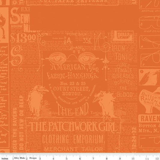 Image of Scary Scraps Halloween Games Text Orange quilting cotton fabric by J Wecker Frisch for Riley Blake Designs. Features words on an orange background. Cute Little Fabric Shop.