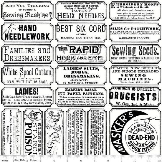 Image of Scary Scraps Scary Sew Labels White quilting cotton fabric by J Wecker Frisch for Riley Blake Designs. Features text on a white background. Cute Little Fabric Shop.