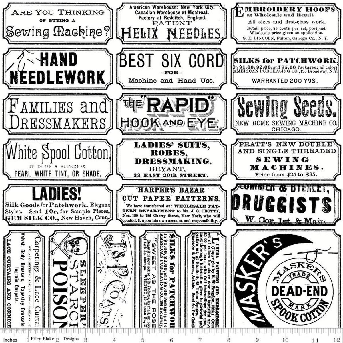 Image of Scary Scraps Scary Sew Labels White quilting cotton fabric by J Wecker Frisch for Riley Blake Designs. Features text on a white background. Cute Little Fabric Shop.