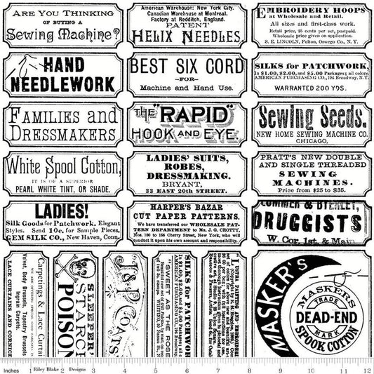 Image of Scary Scraps Scary Sew Labels White quilting cotton fabric by J Wecker Frisch for Riley Blake Designs. Features text on a white background. Cute Little Fabric Shop.