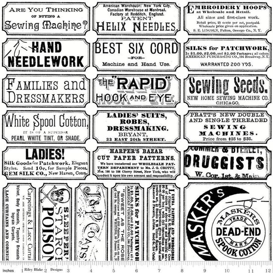 Image of Scary Scraps Scary Sew Labels White quilting cotton fabric by J Wecker Frisch for Riley Blake Designs. Features text on a white background. Cute Little Fabric Shop.