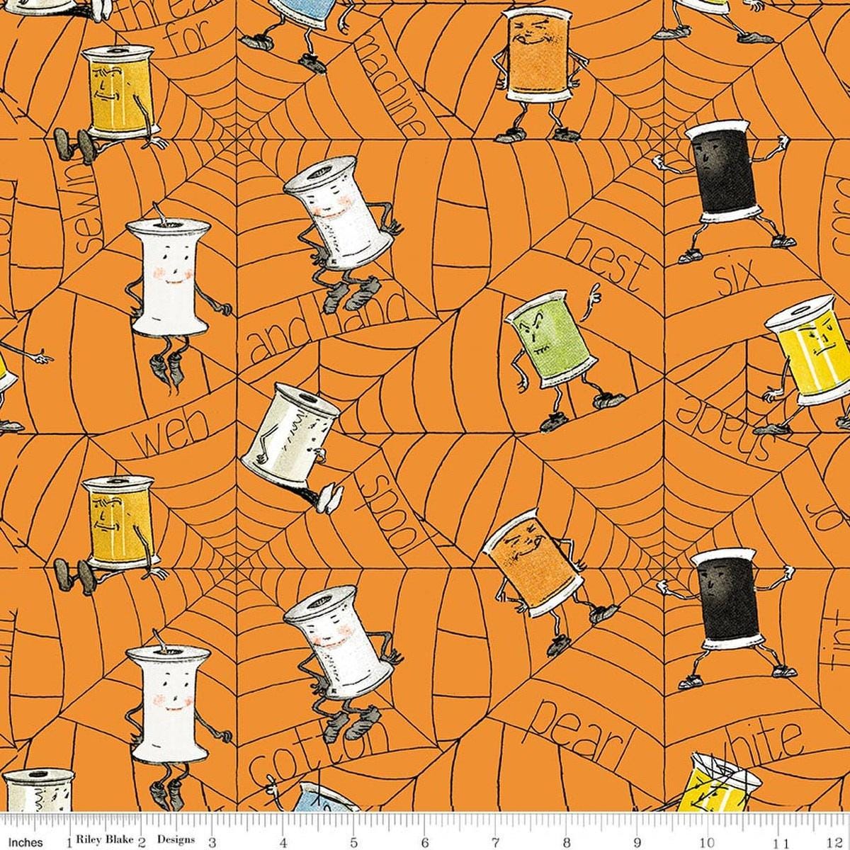 Image of Scary Scraps Spooky Spools Orange quilting cotton fabric by J Wecker Frisch for Riley Blake Designs. Features spider webbing on an orange background. Cute Little Fabric Shop.
