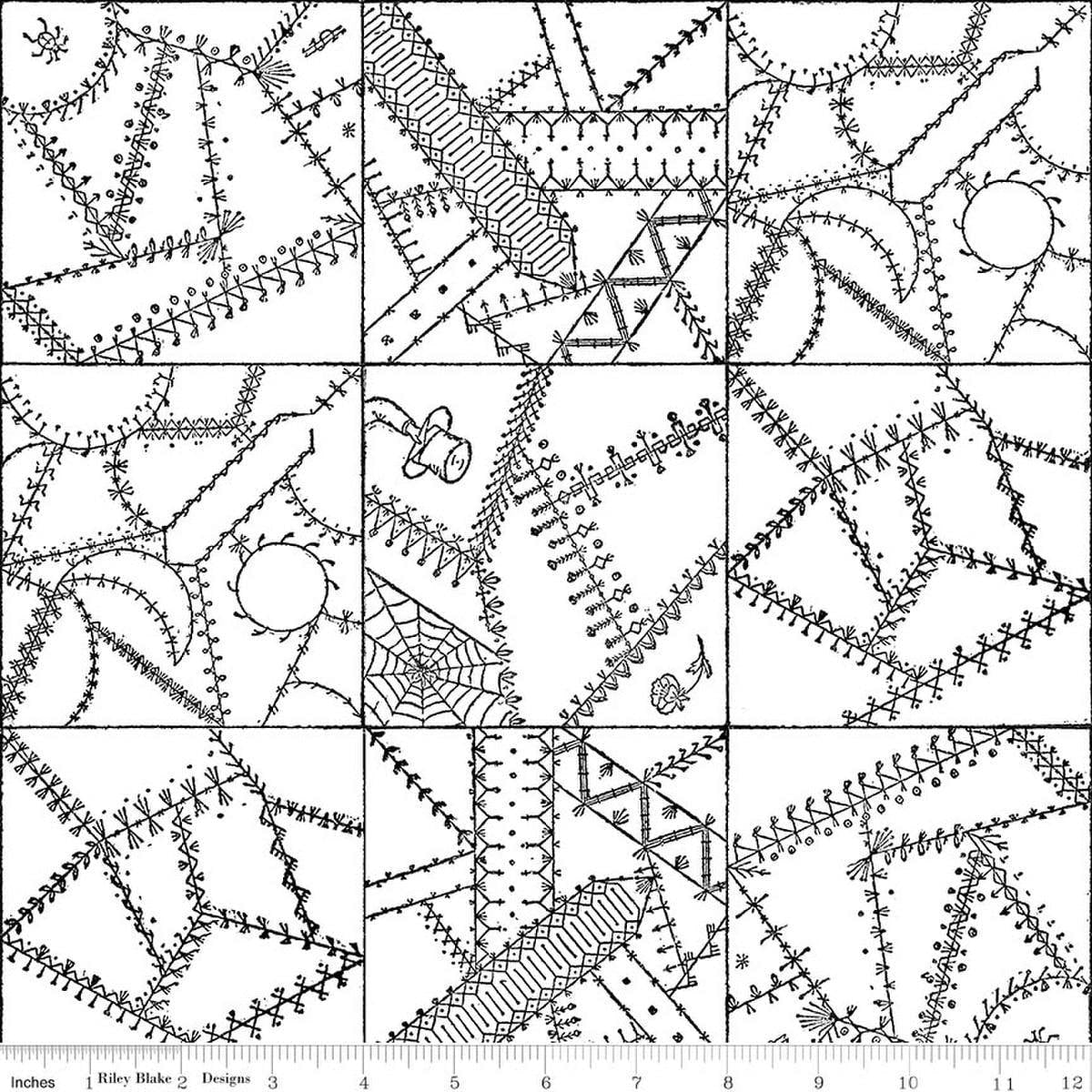 Image of Scary Scraps Crazy Patchwork White quilting cotton fabric by J Wecker Frisch for Riley Blake Designs. Features a geometric pattern on a white background. Cute Little Fabric Shop.