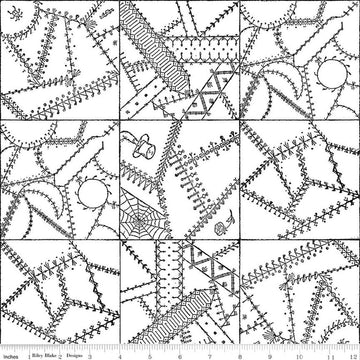 Image of Scary Scraps Crazy Patchwork White quilting cotton fabric by J Wecker Frisch for Riley Blake Designs. Features a geometric pattern on a white background. Cute Little Fabric Shop.