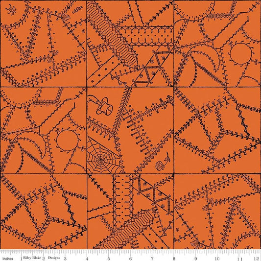 Image of Scary Scraps Crazy Patchwork Orange quilting cotton fabric by J Wecker Frisch for Riley Blake Designs. Features a geometric pattern on an orange background. Cute Little Fabric Shop.