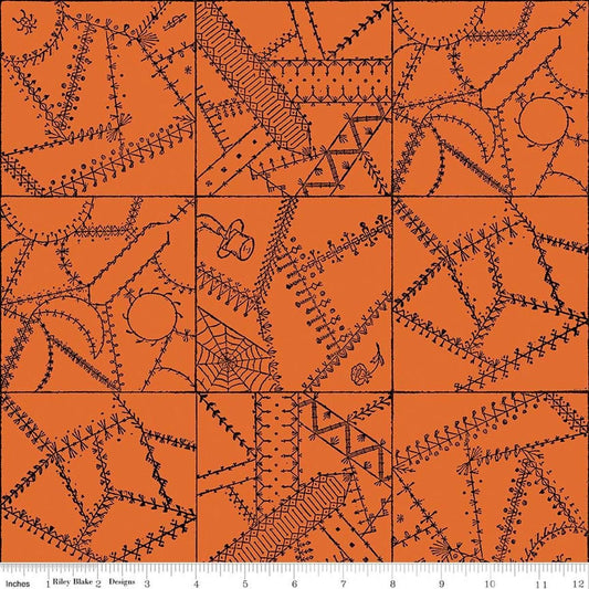 Image of Scary Scraps Crazy Patchwork Orange quilting cotton fabric by J Wecker Frisch for Riley Blake Designs. Features a geometric pattern on an orange background. Cute Little Fabric Shop.