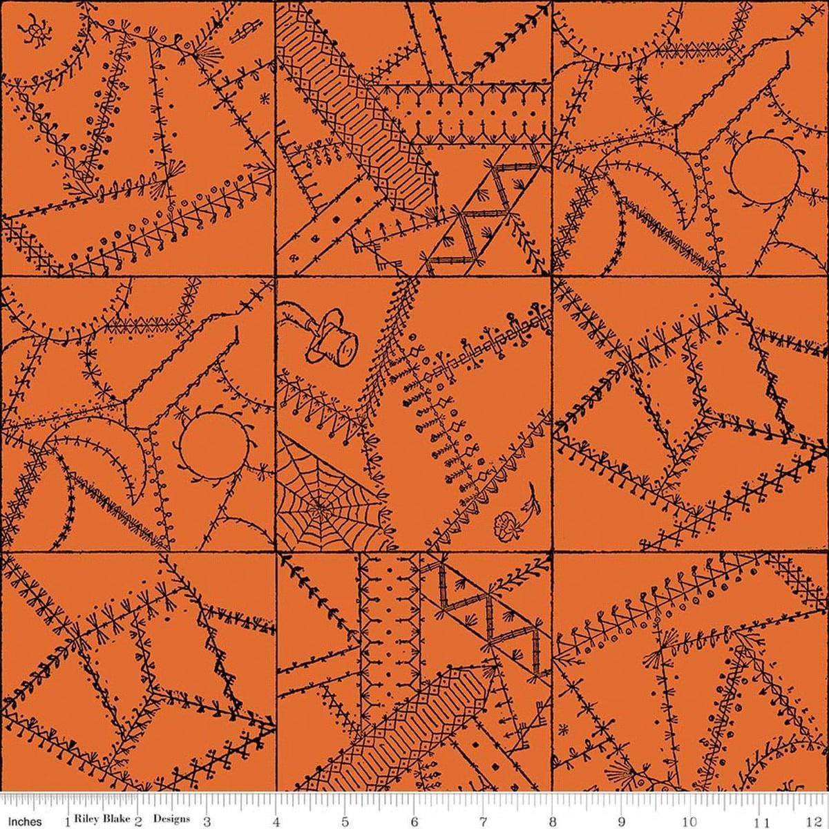 Image of Scary Scraps Crazy Patchwork Orange quilting cotton fabric by J Wecker Frisch for Riley Blake Designs. Features a geometric pattern on an orange background. Cute Little Fabric Shop.