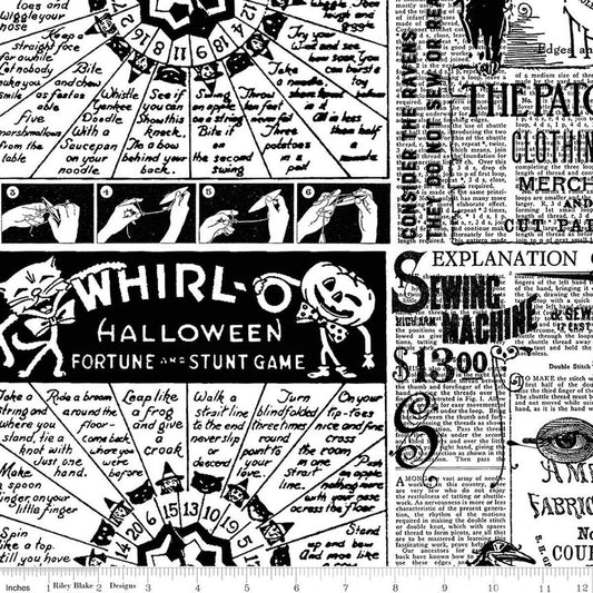 Image of Scary Scraps Halloween Games Text White quilting cotton fabric by J Wecker Frisch for Riley Blake Designs. Features text on a white background. Cute Little Fabric Shop.