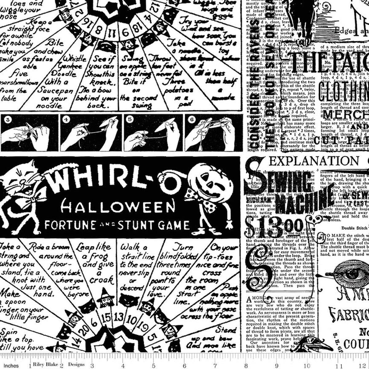 Image of Scary Scraps Halloween Games Text White quilting cotton fabric by J Wecker Frisch for Riley Blake Designs. Features text on a white background. Cute Little Fabric Shop.