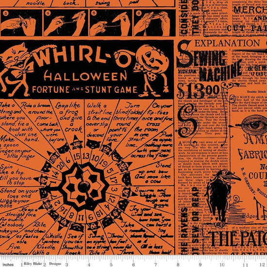 Image of Scary Scraps Halloween Games Text Black quilting cotton fabric by J Wecker Frisch for Riley Blake Designs. Features text on an orange background. Cute Little Fabric Shop.