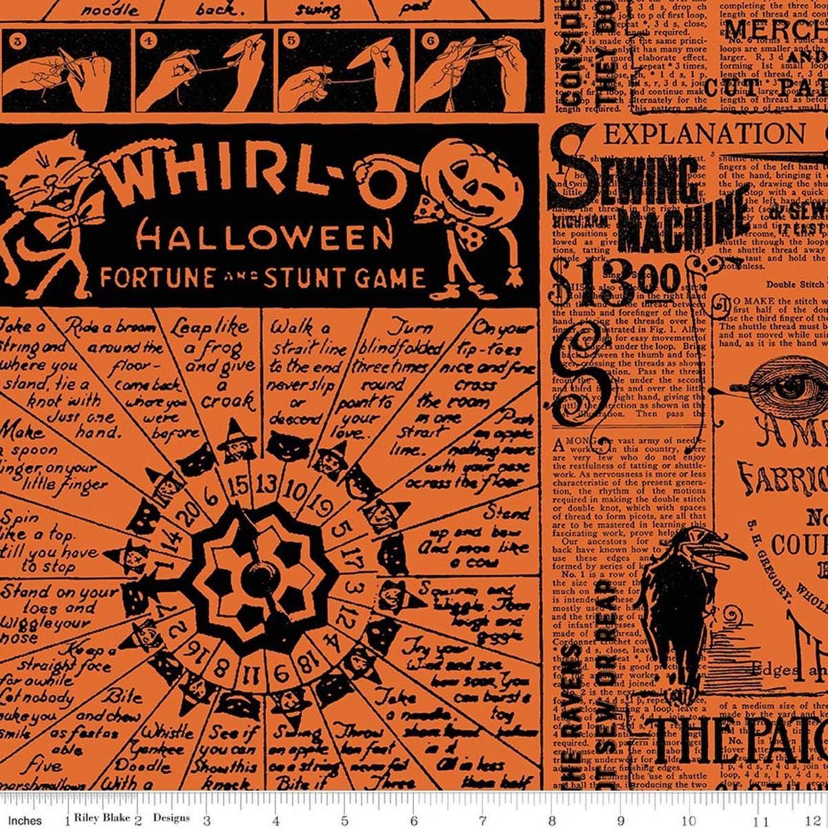 Image of Scary Scraps Halloween Games Text Black quilting cotton fabric by J Wecker Frisch for Riley Blake Designs. Features text on an orange background. Cute Little Fabric Shop.