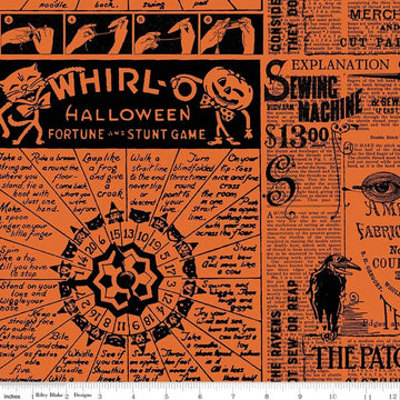 Image of Scary Scraps Halloween Games Text Black quilting cotton fabric by J Wecker Frisch for Riley Blake Designs. Features text on an orange background. Cute Little Fabric Shop.