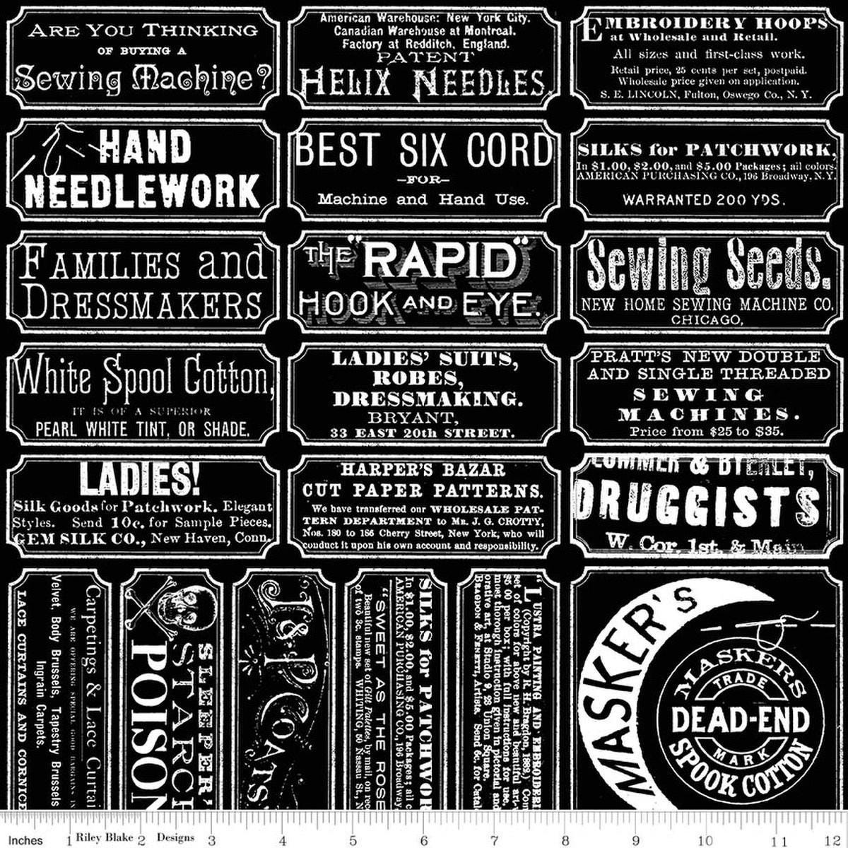 Image of Scary Scraps Scary Sew Labels Black quilting cotton fabric by J Wecker Frisch for Riley Blake Designs. Features words on a black background. Cute Little Fabric Shop.
