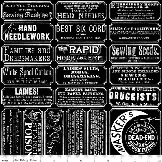 Image of Scary Scraps Scary Sew Labels Black quilting cotton fabric by J Wecker Frisch for Riley Blake Designs. Features words on a black background. Cute Little Fabric Shop.