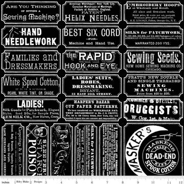 Image of Scary Scraps Scary Sew Labels Black quilting cotton fabric by J Wecker Frisch for Riley Blake Designs. Features words on a black background. Cute Little Fabric Shop.