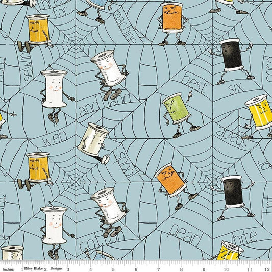 Image of Scary Scraps Spooky Spools Blue quilting cotton fabric by J Wecker Frisch for Riley Blake Designs. Features spider webbing on a blue background. Cute Little Fabric Shop.