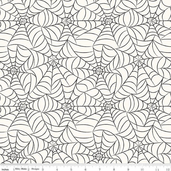 Image of Frank and Friends Webs Cream quilting cotton fabric by My Mind's Eye for Riley Blake Designs. Features spider webbing on a cream background. Cute Little Fabric Shop.