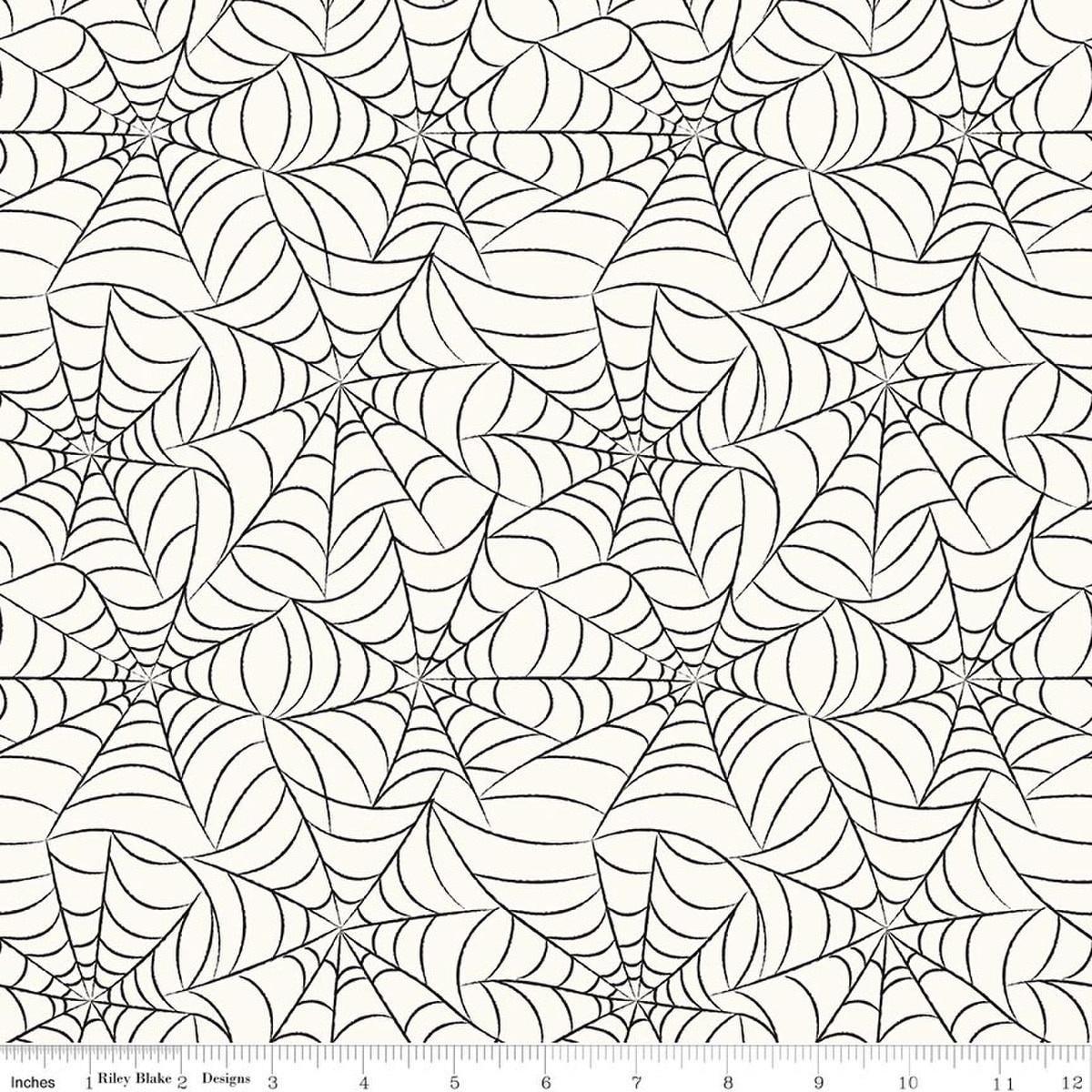 Image of Frank and Friends Webs Cream quilting cotton fabric by My Mind's Eye for Riley Blake Designs. Features spider webbing on a cream background. Cute Little Fabric Shop.