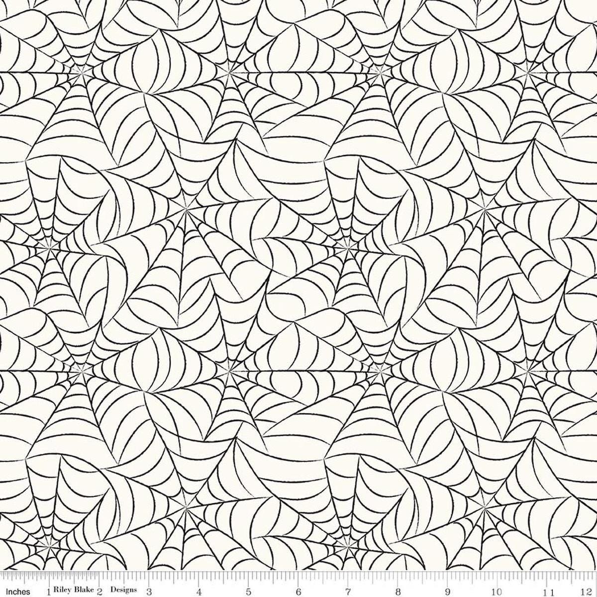 Image of Frank and Friends Webs Cream quilting cotton fabric by My Mind's Eye for Riley Blake Designs. Features spider webbing on a cream background. Cute Little Fabric Shop.