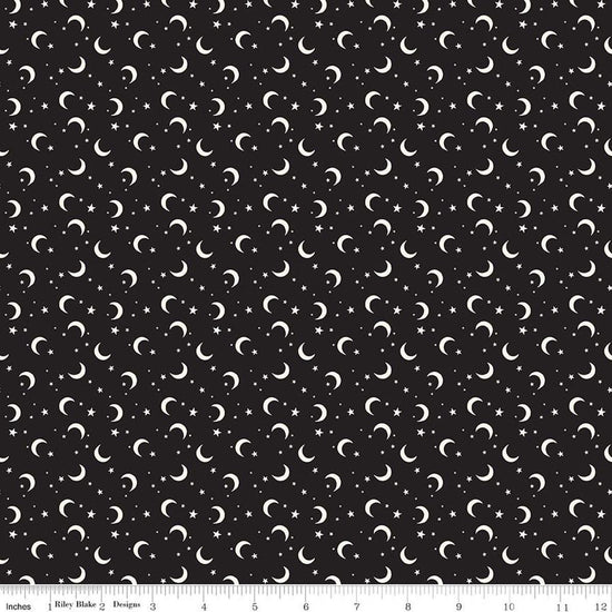 Image of Frank and Friends Moon & Stars Black Glow in the Dark quilting cotton fabric by My Mind's Eye for Riley Blake Designs. Features the night sky on a black background. Cute LIttle Fabric Shop.