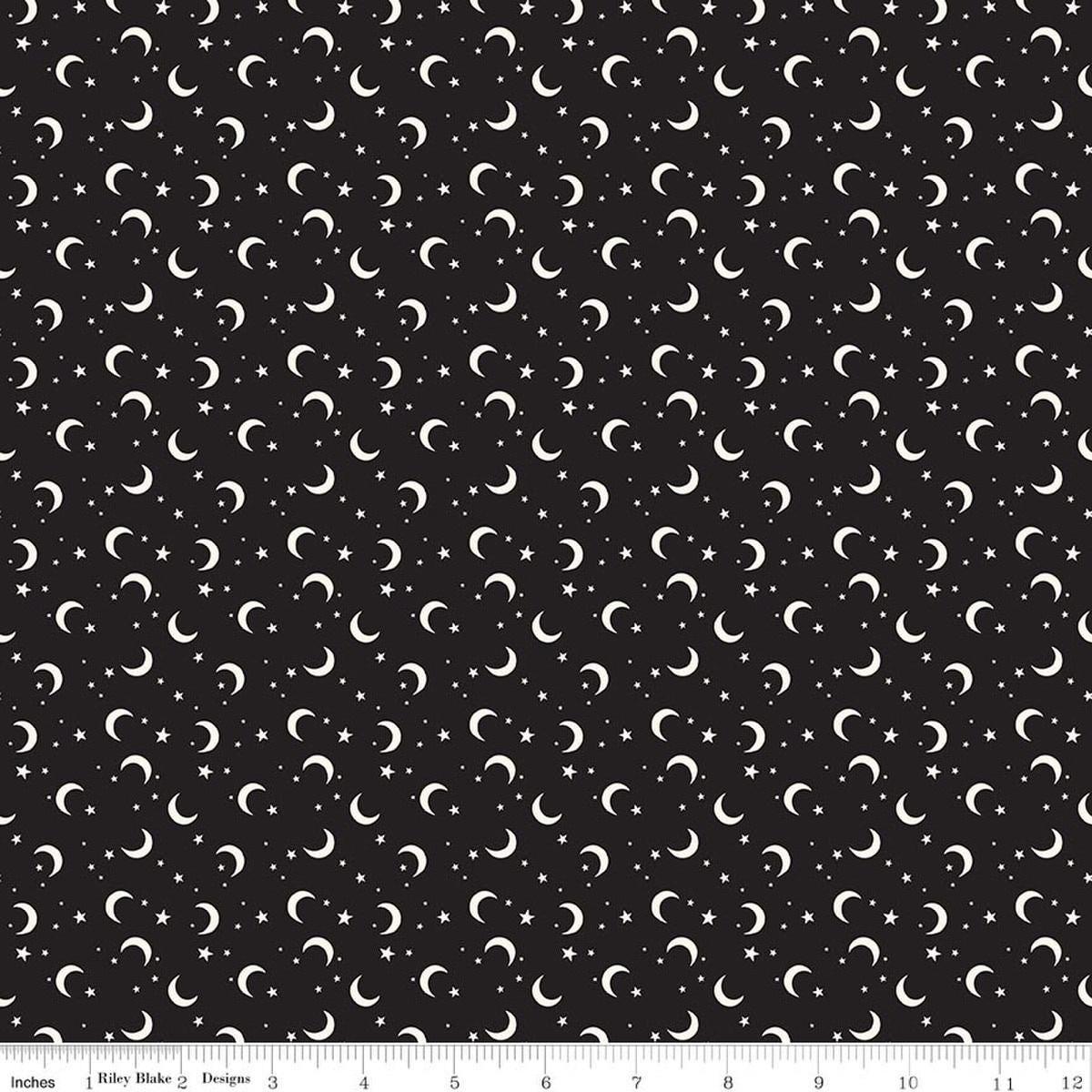 Image of Frank and Friends Moon & Stars Black Glow in the Dark quilting cotton fabric by My Mind's Eye for Riley Blake Designs. Features the night sky on a black background. Cute LIttle Fabric Shop.