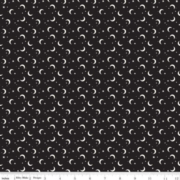 Image of Frank and Friends Moon & Stars Black Glow in the Dark quilting cotton fabric by My Mind's Eye for Riley Blake Designs. Features the night sky on a black background. Cute LIttle Fabric Shop.