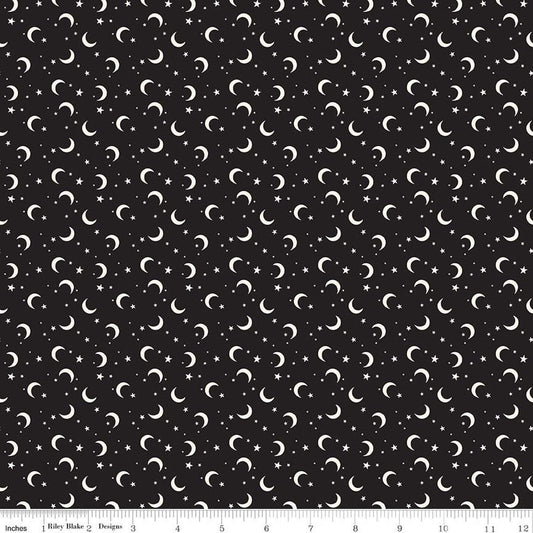 Image of Frank and Friends Moon & Stars Black Glow in the Dark quilting cotton fabric by My Mind's Eye for Riley Blake Designs. Features the night sky on a black background. Cute LIttle Fabric Shop.
