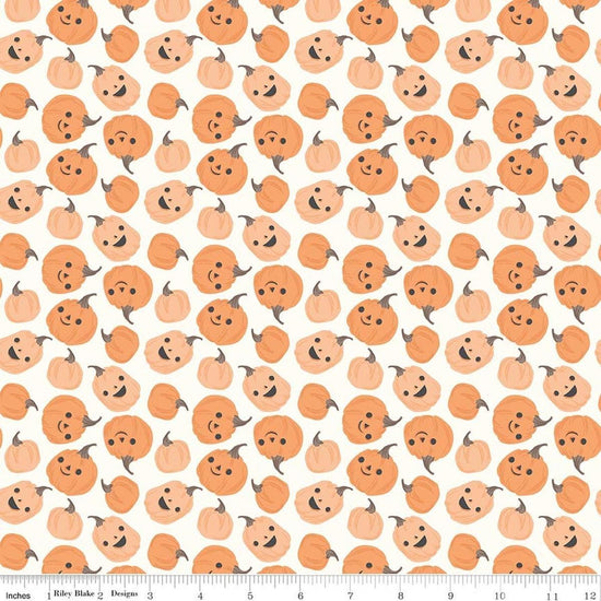 Image of Frank and Friends Pumpkins Cloud quilting cotton fabric by My Mind's Eye for Riley Blake Designs. Features pumpkins on a cream background. Cute Little Fabric Shop.
