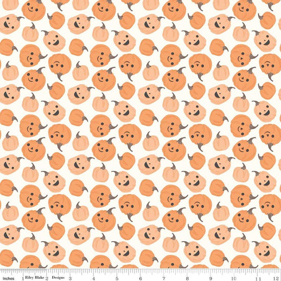 Image of Frank and Friends Pumpkins Cloud quilting cotton fabric by My Mind's Eye for Riley Blake Designs. Features pumpkins on a cream background. Cute Little Fabric Shop.