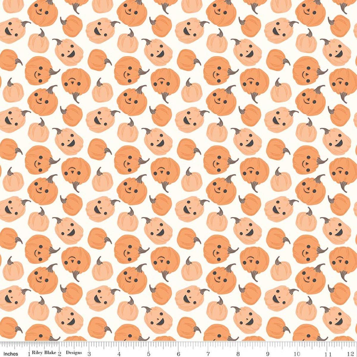 Image of Frank and Friends Pumpkins Cloud quilting cotton fabric by My Mind's Eye for Riley Blake Designs. Features pumpkins on a cream background. Cute Little Fabric Shop.