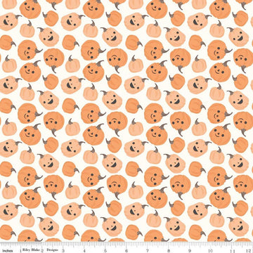 Image of Frank and Friends Pumpkins Cloud quilting cotton fabric by My Mind's Eye for Riley Blake Designs. Features pumpkins on a cream background. Cute Little Fabric Shop.