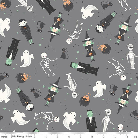 Image of Frank and Friends Main Gray quilting cotton fabric by My Mind's Eye for Riley Blake Designs. Features classic halloween characters on a gray background. Cute Little Fabric Shop.