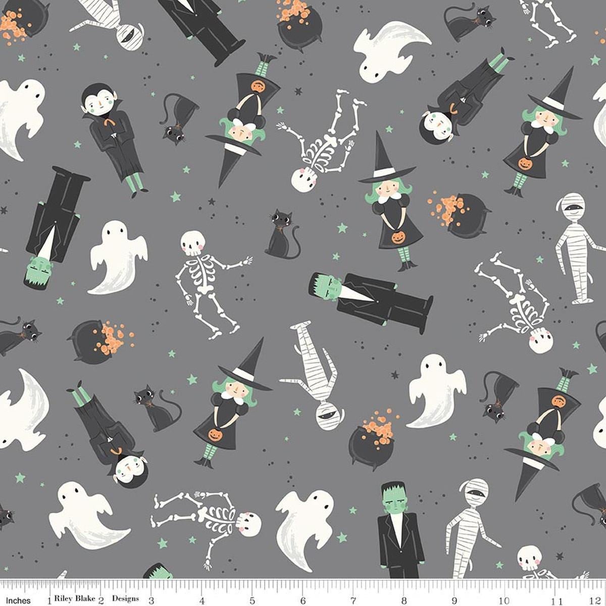 Image of Frank and Friends Main Gray quilting cotton fabric by My Mind's Eye for Riley Blake Designs. Features classic halloween characters on a gray background. Cute Little Fabric Shop.