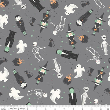 Image of Frank and Friends Main Gray quilting cotton fabric by My Mind's Eye for Riley Blake Designs. Features classic halloween characters on a gray background. Cute Little Fabric Shop.