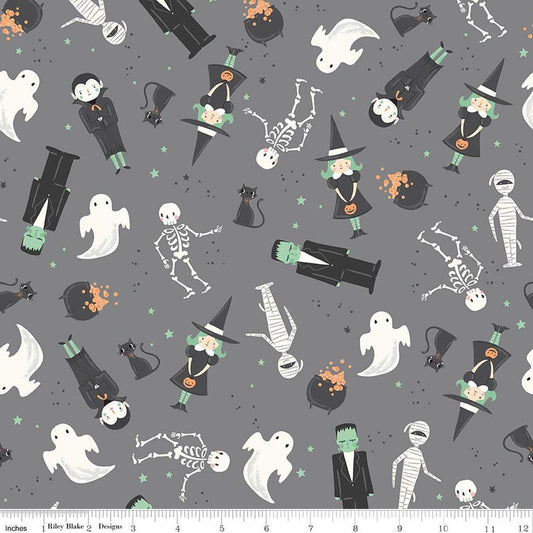 Image of Frank and Friends Main Gray quilting cotton fabric by My Mind's Eye for Riley Blake Designs. Features classic halloween characters on a gray background. Cute Little Fabric Shop.