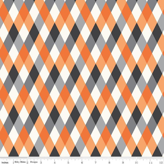 Image of Frank and Friends Diamonds Orange quilting cotton fabric by My Mind's Eye for Riley Blake Designs. Features harlequin on a orange background. Cute Little Fabric Shop.