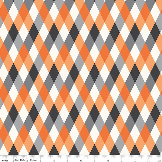 Image of Frank and Friends Diamonds Orange quilting cotton fabric by My Mind's Eye for Riley Blake Designs. Features harlequin on a orange background. Cute Little Fabric Shop.