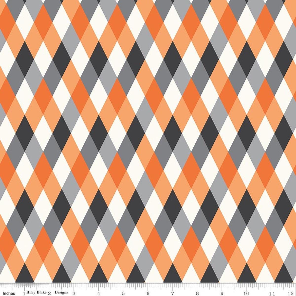 Image of Frank and Friends Diamonds Orange quilting cotton fabric by My Mind's Eye for Riley Blake Designs. Features harlequin on a orange background. Cute Little Fabric Shop.