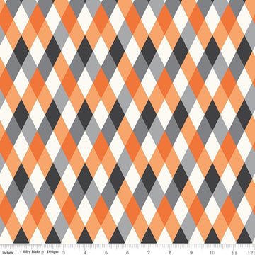 Image of Frank and Friends Diamonds Orange quilting cotton fabric by My Mind's Eye for Riley Blake Designs. Features harlequin on a orange background. Cute Little Fabric Shop.