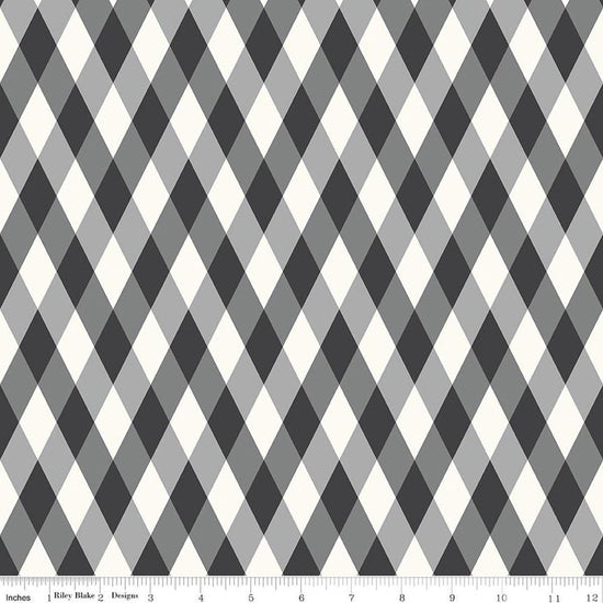 Image of Frank and Friends Diamonds Black quilting cotton fabric by My Mind's Eye for Riley Blake Designs. Features diamonds on a black background. Cute Little Fabric Shop.