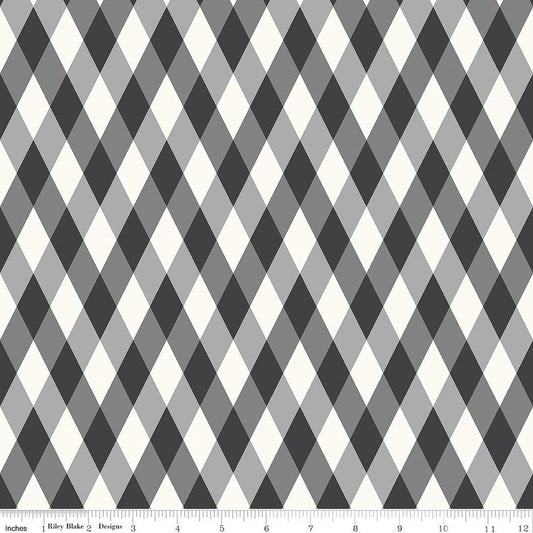 Image of Frank and Friends Diamonds Black quilting cotton fabric by My Mind's Eye for Riley Blake Designs. Features diamonds on a black background. Cute Little Fabric Shop.