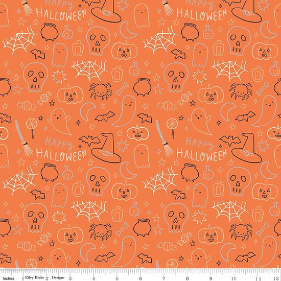 Image of Frank and Friends Halloween Icons Orange quilting cotton fabric by My Mind's Eye for Riley Blake Designs. Features halloween icons on an orange background. Cute Little Fabric Shop.