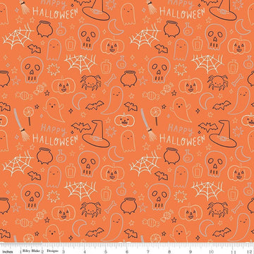 Image of Frank and Friends Halloween Icons Orange quilting cotton fabric by My Mind's Eye for Riley Blake Designs. Features halloween icons on an orange background. Cute Little Fabric Shop.