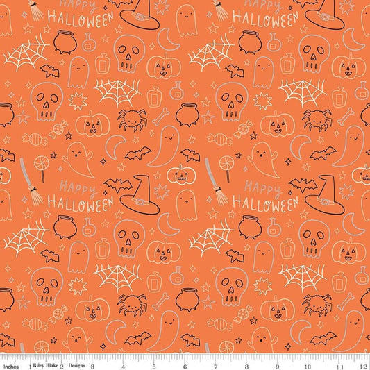 Image of Frank and Friends Halloween Icons Orange quilting cotton fabric by My Mind's Eye for Riley Blake Designs. Features halloween icons on an orange background. Cute Little Fabric Shop.