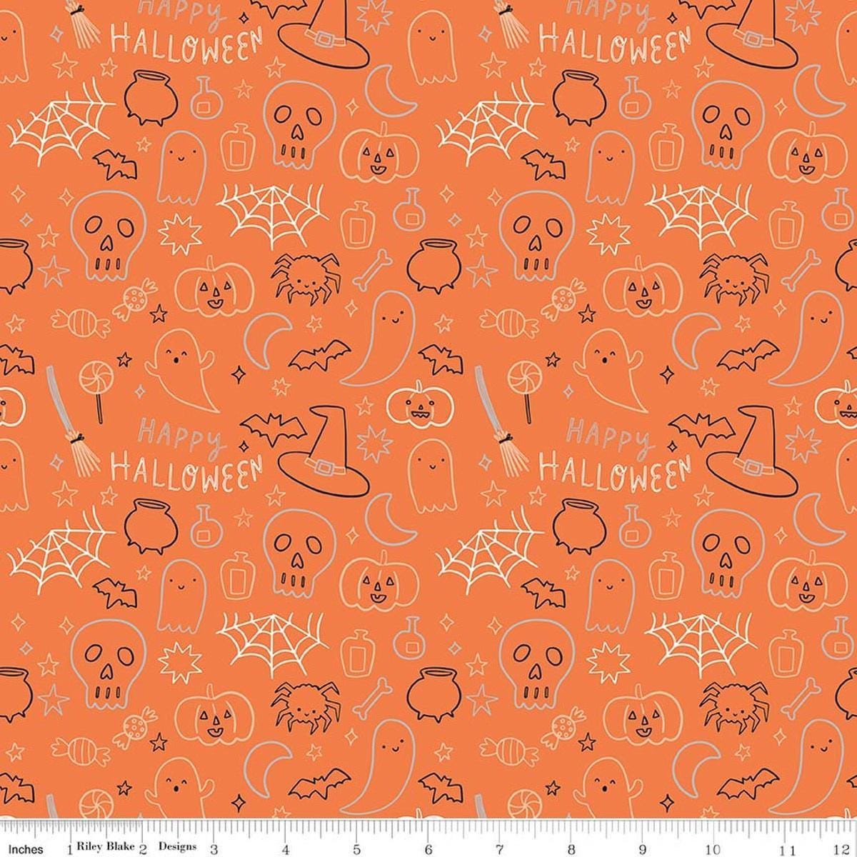 Image of Frank and Friends Halloween Icons Orange quilting cotton fabric by My Mind's Eye for Riley Blake Designs. Features halloween icons on an orange background. Cute Little Fabric Shop.