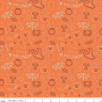 Image of Frank and Friends Halloween Icons Orange quilting cotton fabric by My Mind's Eye for Riley Blake Designs. Features halloween icons on an orange background. Cute Little Fabric Shop.