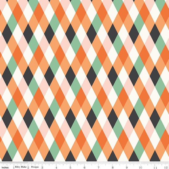 Image of Frank and Friends Diamonds Multi quilting cotton fabric by My Mind's Eye for Riley Blake Designs. Features harlequin on a cream and orange background. Cute Little Fabric Shop.